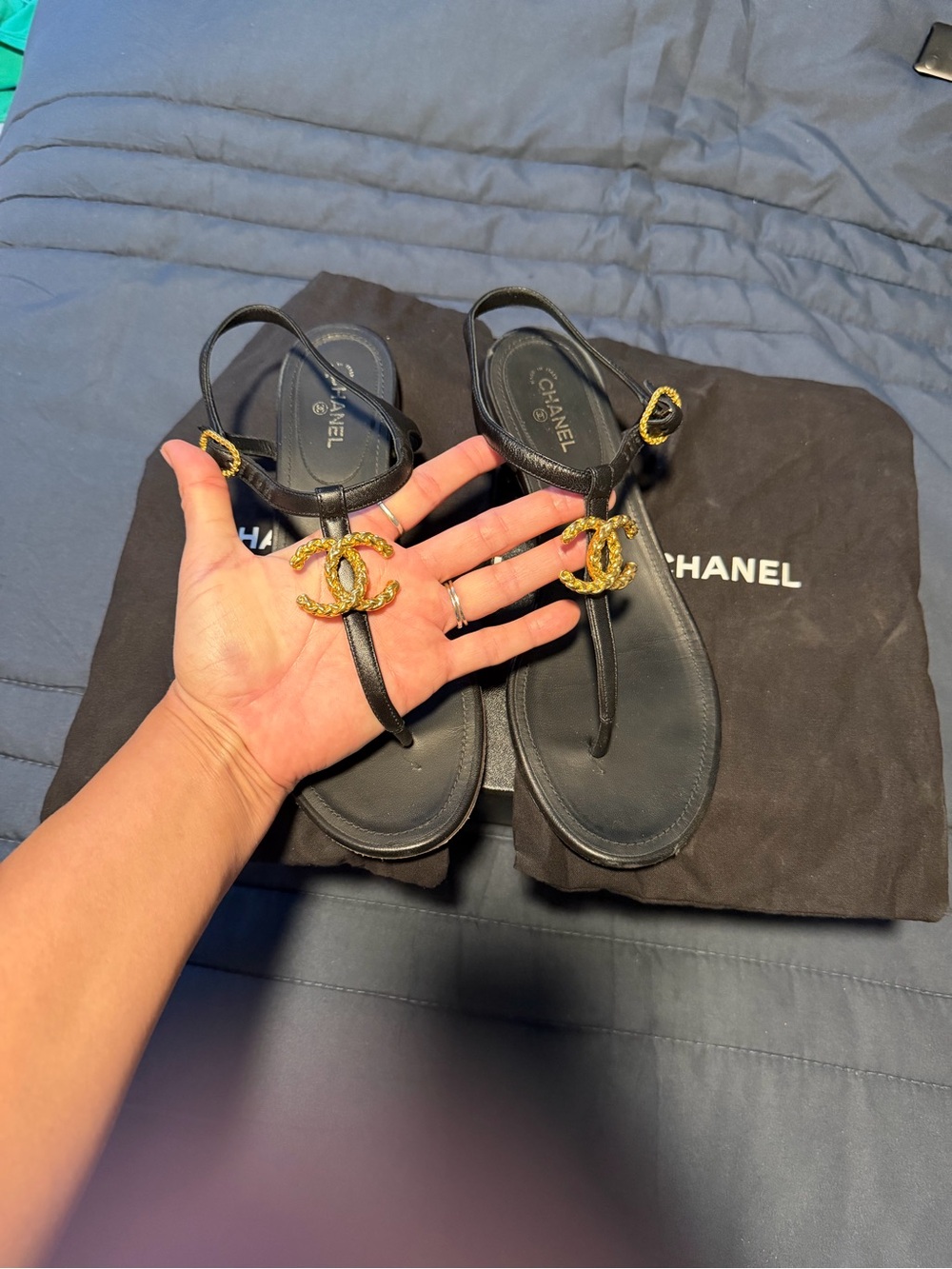 CHANEL Black Leather T-Strap Sandals with Gold CC Medallions